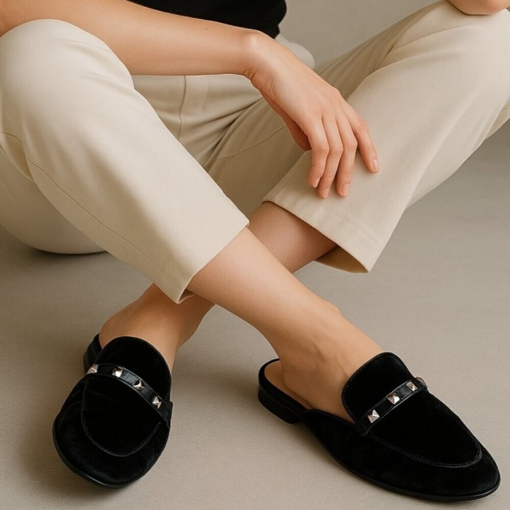 Marc Fisher Women's SZ 8.5 Wishing Mules Black Velvet Studded Slip On Loafers